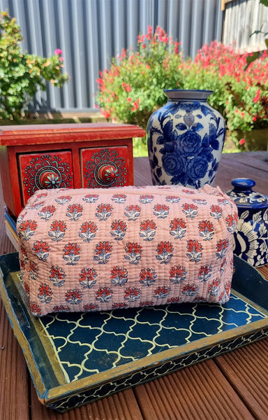 Peachy Pink Red Floral Posy Block Printed Toiletry Travel Pouch / Case