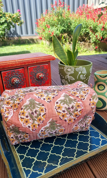 Peach Mustard Floral Bouquet Block Printed Toiletry Travel Pouch / Case