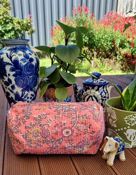Pink Paisley Floral Block Printed Toiletry Travel Pouch / Case