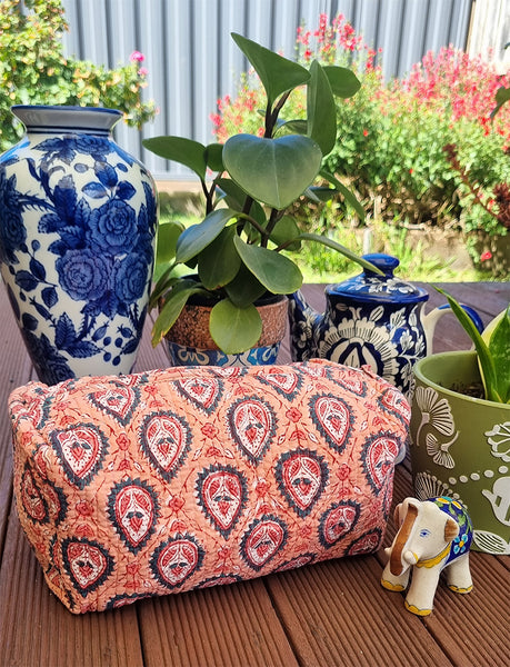 Peach Diya Floral Block Printed Toiletry Travel Pouch / Case