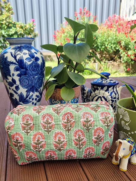 Mint Pink Marigold Floral Block Printed Toiletry Travel Pouch / Case