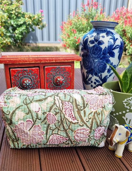 William Morris Inspired Minty Floral Block Printed Toiletry Travel Pouch / Case