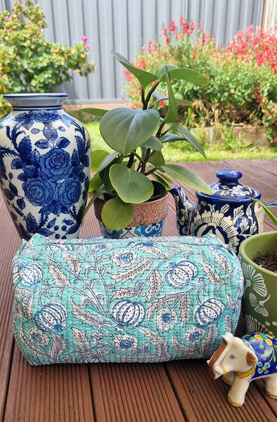 Soft Aqua Pomegranate Floral Block Printed Toiletry Travel Pouch / Case