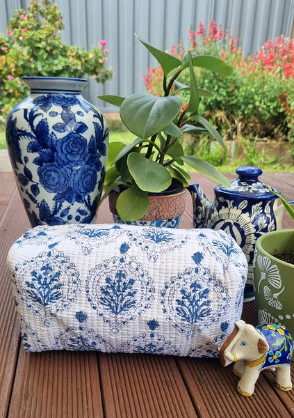 Blue White Hampton Floral Block Printed Toiletry Travel Pouch / Case