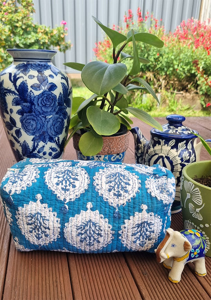Cobalt Blue White Decorative Floral Posy Block Printed Toiletry Travel Pouch / Case