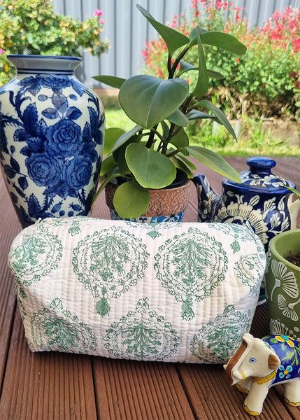 Sage Green Decorative Leaf White Block Printed Toiletry Travel Pouch / Case