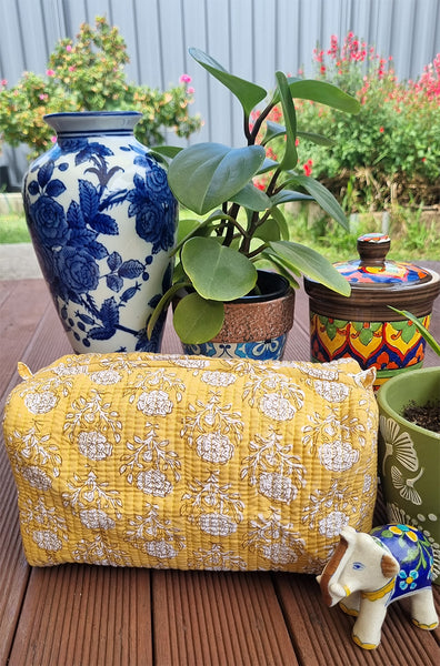 Cornflower Yellow Block Printed Toiletry Travel Pouch / Case