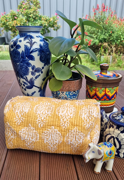 Mustard Scroll Buti Block Printed Toiletry Travel Pouch / Case