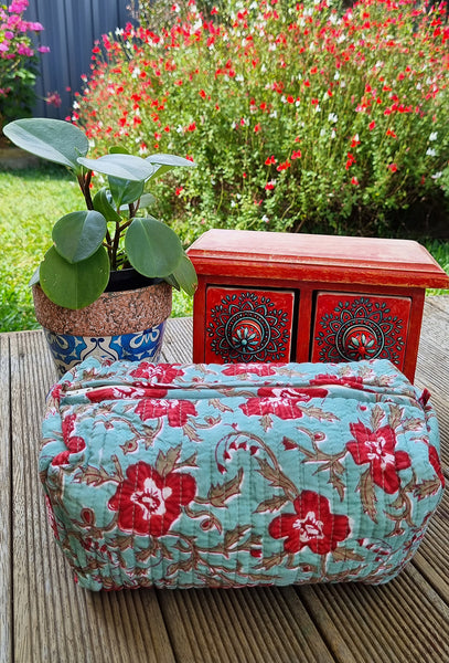 Teal/ Red  Gulmohar Floral Block Printed Toiletry Travel Pouch / Bag