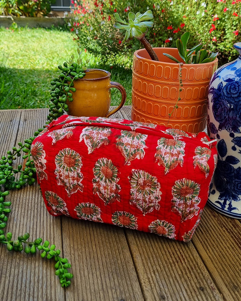 Red / Green Daisy Floral Block Printed Toiletry Travel Pouch / Bag