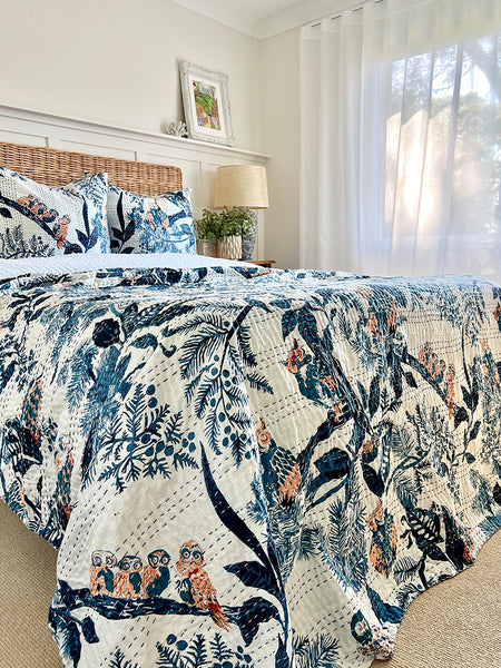 Teal Off White Owl Floral Queen/King Size Kantha Coverlet / Bedspread 230cmx267cm
