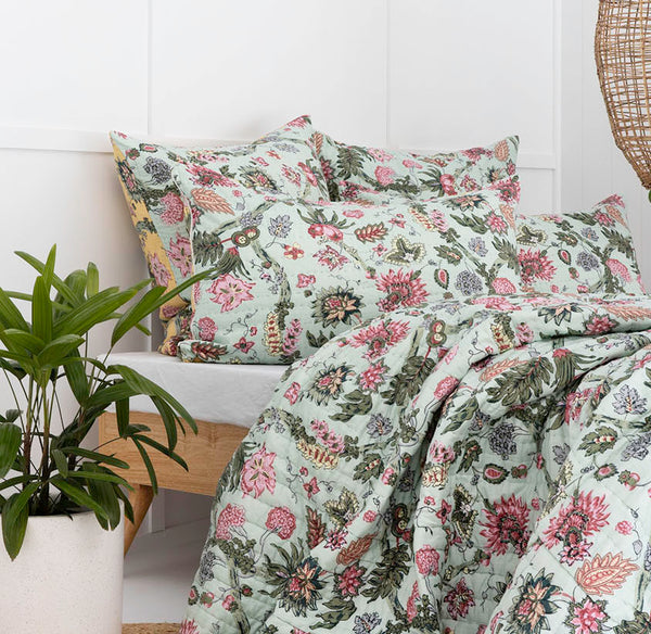 Mint / Yellow Floral Vine Cotton Pillowcase / Euro
