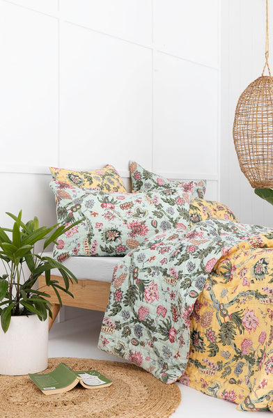 Mint / Yellow Floral Vine Cotton Pillowcase / Euro