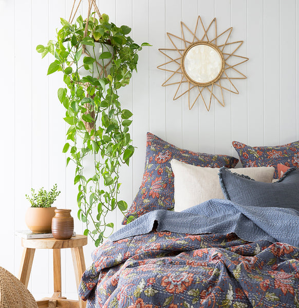 Blue Grey Kalamkari Floral Kantha Sham