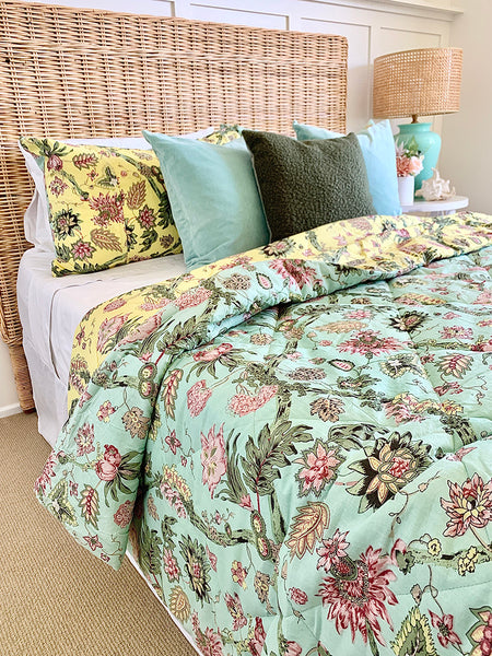 Mint / Yellow Floral Vine Cotton Pillowcase / Euro