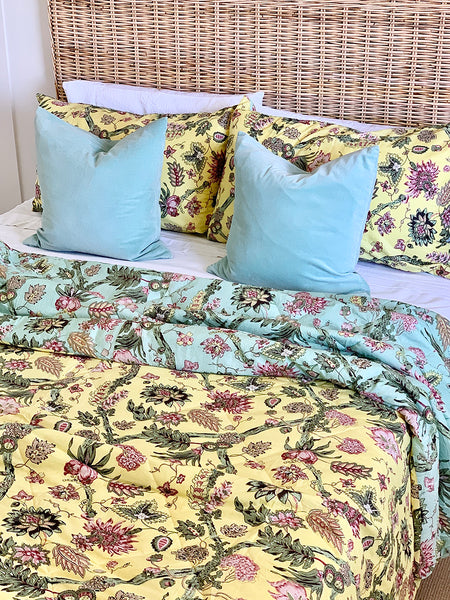 Mint / Yellow Floral Vine Cotton Pillowcase / Euro