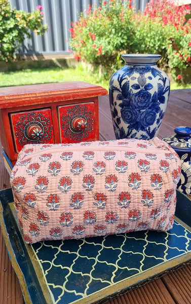 Peachy Pink Red Floral Posy Block Printed Toiletry Travel Pouch / Case