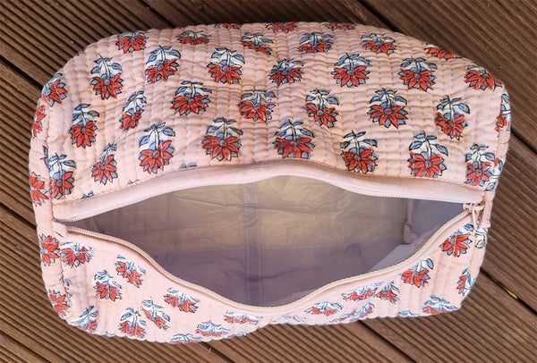 Peachy Pink Red Floral Posy Block Printed Toiletry Travel Pouch / Case