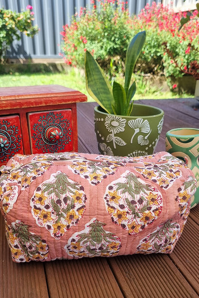Peach Mustard Floral Bouquet Block Printed Toiletry Travel Pouch / Case