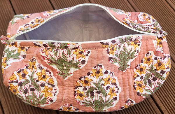 Peach Mustard Floral Bouquet Block Printed Toiletry Travel Pouch / Case