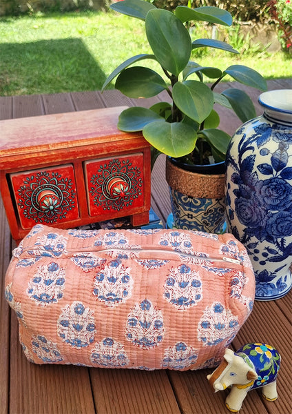 Peach Blue White Floral Posy Block Printed Toiletry Travel Pouch / Case