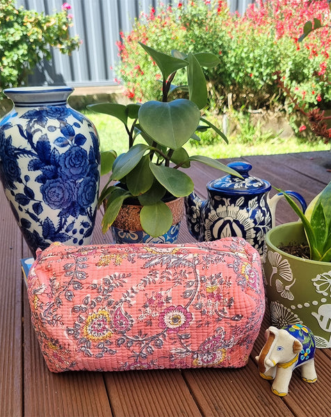 Pink Paisley Floral Block Printed Toiletry Travel Pouch / Case