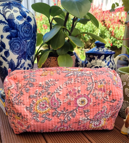 Pink Paisley Floral Block Printed Toiletry Travel Pouch / Case