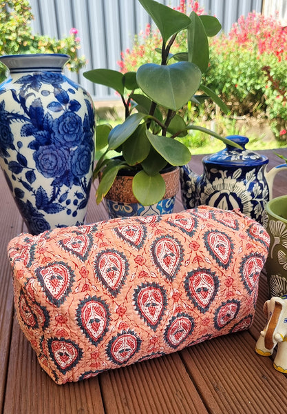 Peach Diya Floral Block Printed Toiletry Travel Pouch / Case