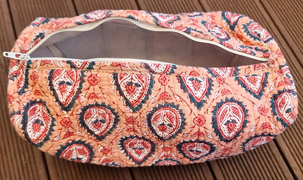 Peach Diya Floral Block Printed Toiletry Travel Pouch / Case