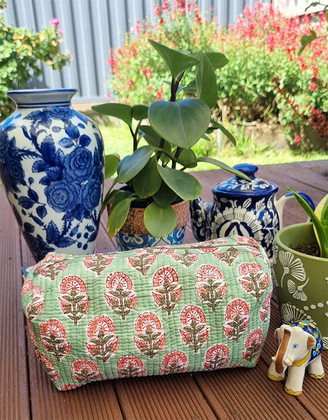 Mint Pink Marigold Floral Block Printed Toiletry Travel Pouch / Case