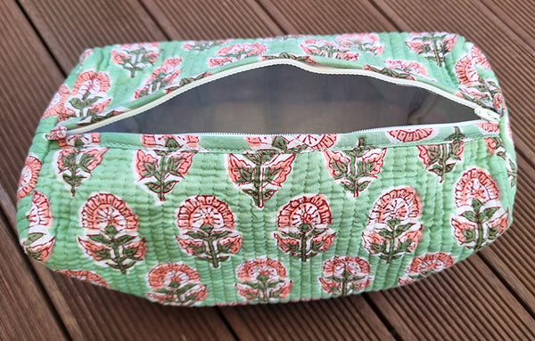Mint Pink Marigold Floral Block Printed Toiletry Travel Pouch / Case