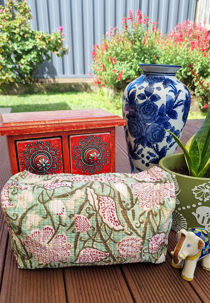 William Morris Inspired Minty Floral Block Printed Toiletry Travel Pouch / Case