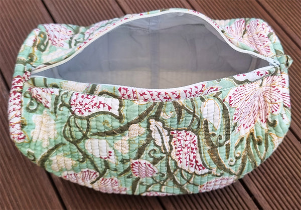 William Morris Inspired Minty Floral Block Printed Toiletry Travel Pouch / Case