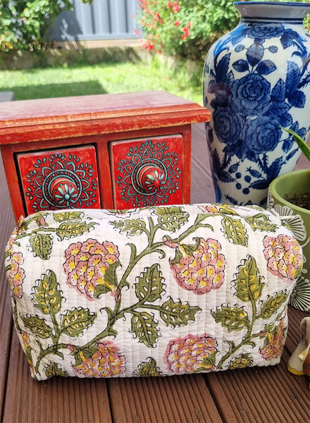 Chrysanthemum Green Vine White Block Printed Toiletry Travel Pouch / Case