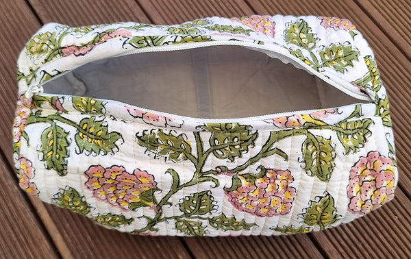 Chrysanthemum Green Vine White Block Printed Toiletry Travel Pouch / Case