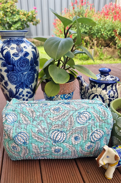 Soft Aqua Pomegranate Floral Block Printed Toiletry Travel Pouch / Case