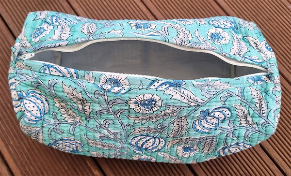 Soft Aqua Pomegranate Floral Block Printed Toiletry Travel Pouch / Case