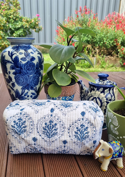 Blue White Hampton Floral Block Printed Toiletry Travel Pouch / Case