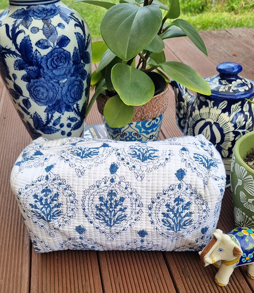 Blue White Hampton Floral Block Printed Toiletry Travel Pouch / Case