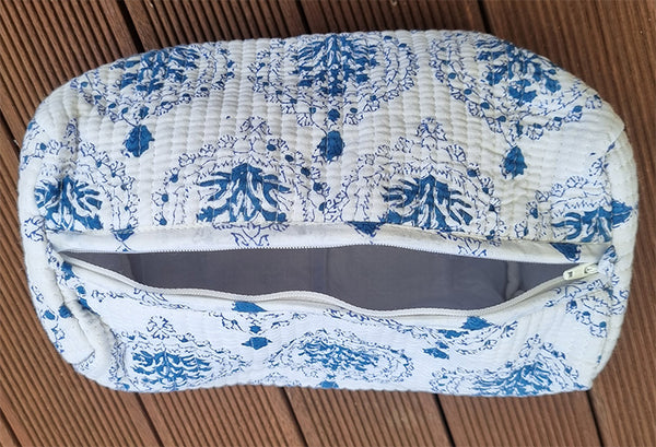Blue White Hampton Floral Block Printed Toiletry Travel Pouch / Case