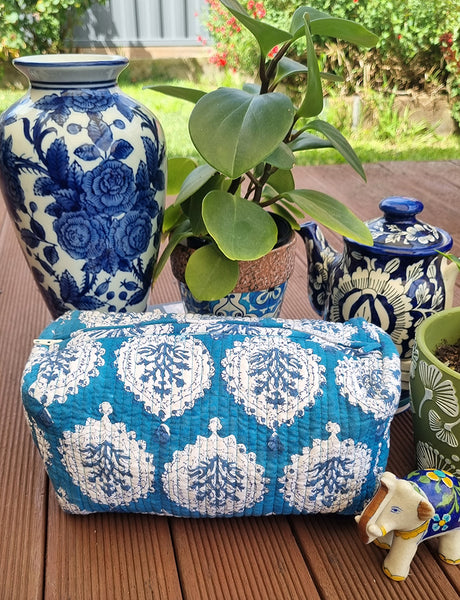 Cobalt Blue White Decorative Floral Posy Block Printed Toiletry Travel Pouch / Case