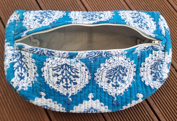 Cobalt Blue White Decorative Floral Posy Block Printed Toiletry Travel Pouch / Case