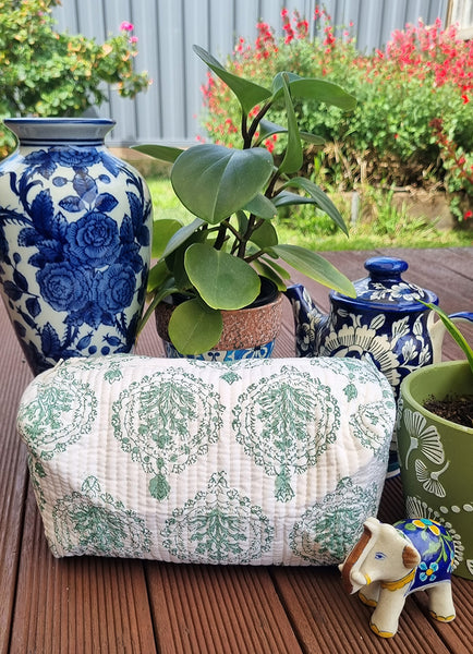 Sage Green Decorative Leaf White Block Printed Toiletry Travel Pouch / Case