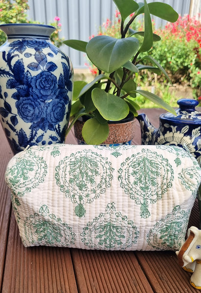 Sage Green Decorative Leaf White Block Printed Toiletry Travel Pouch / Case