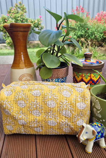 Cornflower Yellow Block Printed Toiletry Travel Pouch / Case