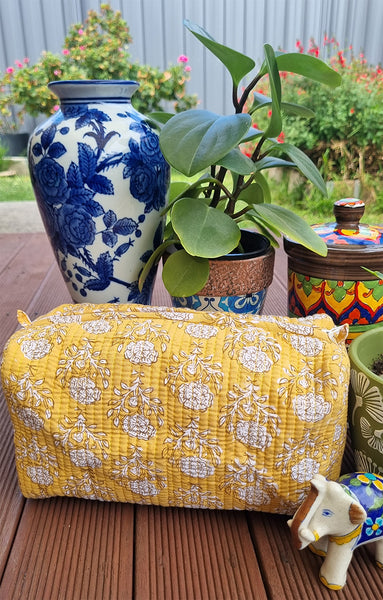 Cornflower Yellow Block Printed Toiletry Travel Pouch / Case