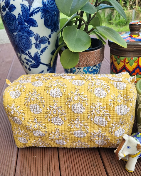 Cornflower Yellow Block Printed Toiletry Travel Pouch / Case
