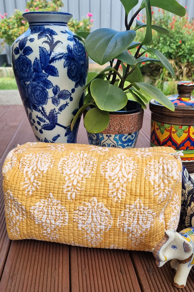 Mustard Scroll Buti Block Printed Toiletry Travel Pouch / Case