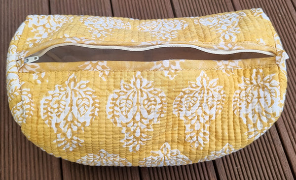 Mustard Scroll Buti Block Printed Toiletry Travel Pouch / Case