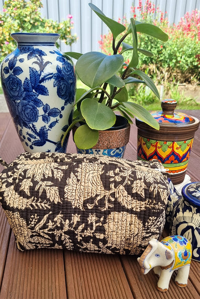 Black White All Over Floral Block Printed Toiletry Travel Pouch / Case